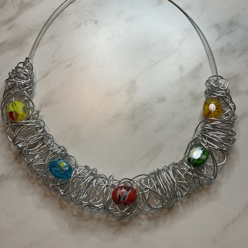 Silver Wire Necklace with Multicolor Beads